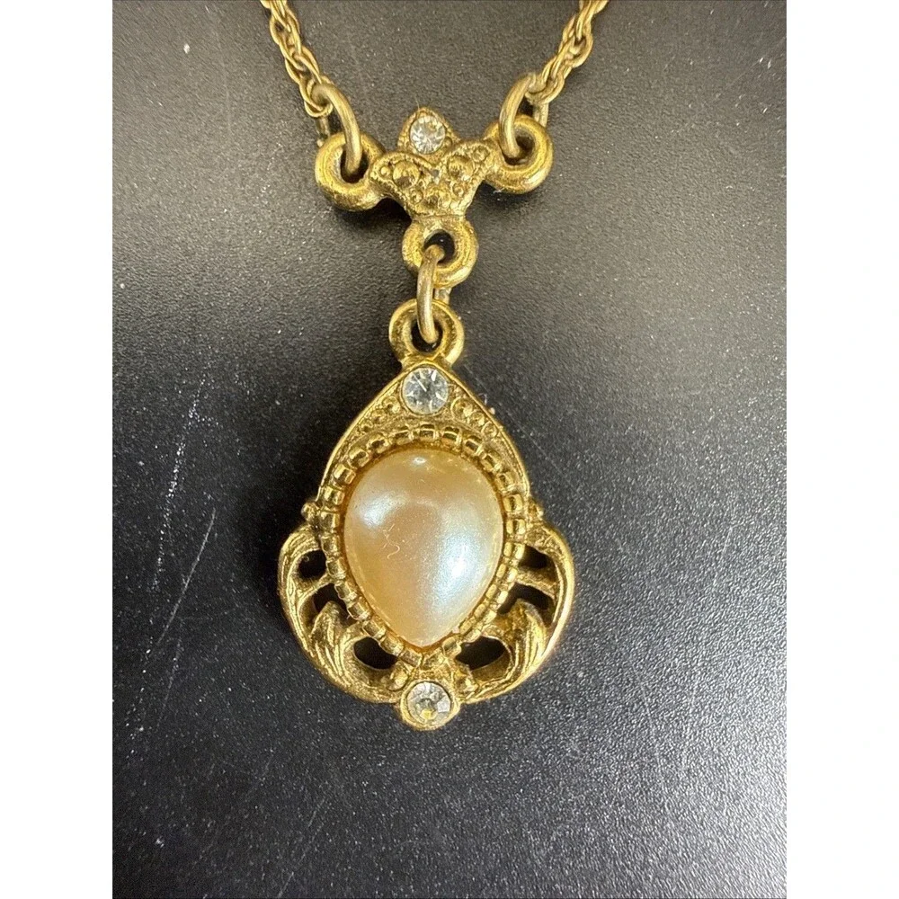 1928 Jewelry Faux Pearl Teardrop Gold Tone Rhinestone Accent Pendant Necklace